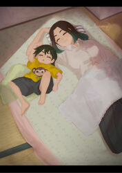 Rule 34 | :&lt;, absurdres, aged down, arm behind head, arm up, artist logo, artist name, barefoot, bedroom, black hair, black shorts, black skirt, blanket, bob cut, breasts, child, closed eyes, clothes writing, commentary, dress shirt, english text, eyelashes, futon, gaen tooe, gradient hair, green hair, highres, izu lemon, kanbaru suruga, knee up, large breasts, letterboxed, light smile, lying, medium hair, monkey, monogatari (series), mother and daughter, multicolored hair, multiple girls, on bed, on floor, open mouth, parted hair, pillow, shirt, short hair, shorts, side-by-side, signature, skirt, sleeping, smile, t-shirt, tatami, thick eyebrows, two-tone hair, white shirt, wooden floor, yellow shirt