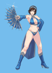 Rule 34 | 1girl, abs, absurdres, armlet, armpits, blue thighhighs, boots, breasts, brown eyes, brown hair, cirenk, cleavage, commission, cosplay, folding fan, full body, hand fan, high heels, highres, holding, holding weapon, kazama asuka, kitana, kitana (cosplay), large breasts, legs, midriff, midway, mortal kombat (series), mortal kombat (series), mortal kombat 9, navel, short hair, solo, standing, tekken, thighhighs, thighs, weapon