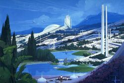 Rule 34 | building, cityscape, cloud, concept art, highres, lake, mountainous horizon, scenery, science fiction, signature, sky, syd mead, third-party source, traditional media, tree, yamato2520
