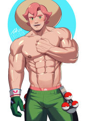 Rule 34 | 1boy, abs, absurdres, bara, beige headwear, blush, brown hat, bulge, creatures (company), crestren, feet out of frame, freckles, game freak, gloves, green eyes, green shorts, hat, highres, large pectorals, male focus, male underwear, male underwear peek, milo (pokemon), muscular, muscular male, navel, nintendo, nipples, open mouth, pectorals, pink hair, pink male underwear, poke ball, poke ball (basic), pokemon, pokemon swsh, print male underwear, short hair, shorts, single glove, smile, solo, stomach, sun hat, thick eyebrows, thick thighs, thighs, topless male, underwear, veins