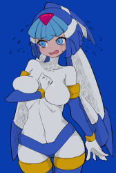 Rule 34 | 1girl, absurdres, android, blue hair, bodysuit, breasts, buzzlyears, embarrassed, fairy leviathan (mega man), highres, large breasts, mega man (series), mega man zero (series)