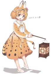 Rule 34 | 10s, 1girl, absurdres, adapted costume, alternate costume, animal ears, animal ears (norankkori), bad id, bad twitter id, bare legs, blonde hair, bow, dress, fang, flower, hair flower, hair ornament, highres, kemono friends, lantern, multicolored hair, serval (kemono friends), serval print, serval tail, short hair, tail, traditional clothes