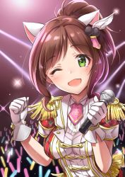 Rule 34 | 10s, 1girl, across the stars, animal ears, blush, brown hair, cat ears, commentary request, dress, epaulettes, fang, feather hair ornament, feathers, gloves, glowstick, green eyes, hair ornament, highres, idolmaster, idolmaster cinderella girls, idolmaster cinderella girls starlight stage, image sample, looking at viewer, maekawa miku, microphone, one eye closed, open mouth, plaid, plaid dress, short hair, short ponytail, short sleeves, smile, solo, stage lights, takeashiro, tearing up, twitter sample, white gloves