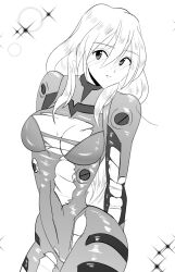 Rule 34 | 1girl, artist request, ass, bodysuit, breasts, evangelion: 3.0+1.0 thrice upon a time, hair down, lips, long hair, looking at viewer, medium breasts, monochrome, neon genesis evangelion, plugsuit, rebuild of evangelion, shiny clothes, simple background, smile, souryuu asuka langley, sweat, torn bodysuit, torn clothes, white background