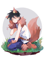 Rule 34 | 1boy, absurdres, animal ears, animal feet, animal hands, belt, belt buckle, black hair, buckle, closed eyes, closed mouth, commentary request, denim, dog ears, dog tail, full body, fur collar, gloves, grey background, highres, jeans, kageyama ritsu, male focus, mob psycho 100, mogutofuoes, pants, paw gloves, shirt, short hair, sleeveless, sleeveless shirt, solo, spiked hair, tail, two-tone background, white background, white shirt
