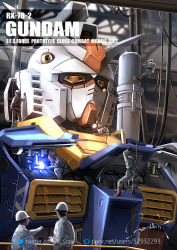 Rule 34 | 6+boys, cable, character name, commentary request, english text, gundam, hangar, helmet, maintenance, mecha, mobile suit gundam, multiple boys, pixiv id, repairing, robot, rx-78-2, science fiction, serike w, signature, twitter username, upper body, v-fin, yellow eyes