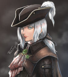 Rule 34 | 1girl, blood, blood on clothes, blood stain, bloodborne, blue eyes, bosstseng, cape, commentary, expressionless, hair ribbon, hat, hat feather, lady maria of the astral clocktower, pink lips, ponytail, ribbon, signature, solo, tricorne, upper body, white hair