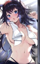 Rule 34 | 1girl, arknights, black hair, blaze (arknights), blue eyes, blue hair, blush, breasts, colored inner hair, hairband, heavy breathing, highres, kyuu (plastic night q), large breasts, long hair, looking at viewer, multicolored hair, navel, open mouth, panty straps, red hairband, solo, topless, towel, towel around neck, two-tone hair