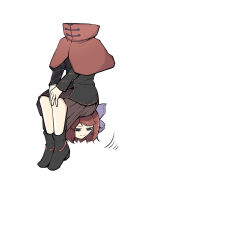 Rule 34 | 1girl, black footwear, black hair, cloak, closed mouth, disembodied head, full body, highres, looking at viewer, peroponesosu., red eyes, red hair, sekibanki, short hair, simple background, sitting, sitting on head, sitting on person, skirt, solo, touhou, white background