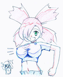 Rule 34 | 2girls, braid, breasts, creatures (company), covered erect nipples, flannery (pokemon), game freak, geropper, gym leader, large breasts, lowres, may (pokemon), multiple girls, navel, nintendo, pokemon, red hair, shirt, smile, tight shirt