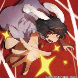 Rule 34 | 1girl, album cover, animal ears, barefoot, black hair, carrot necklace, commentary request, copyright notice, cover, dress, frilled sleeves, frills, inaba tewi, jewelry, looking at viewer, necklace, official art, open mouth, pink dress, puffy short sleeves, puffy sleeves, rabbit ears, rabbit tail, reaching, reaching towards viewer, red background, red eyes, sekken-ya, short hair, short sleeves, solo, sparkle, tabun (osoracu), tail, teeth, touhou, touhou cannonball