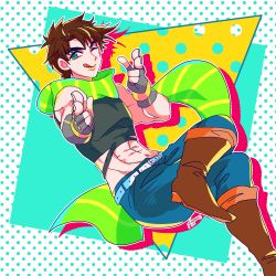 Rule 34 | 1boy, abs, boots, brown hair, colorful, crop top, crossed legs, denim, fingerless gloves, floating, gloves, green eyes, green scarf, jeans, jojo no kimyou na bouken, joseph joestar, joseph joestar (young), knee boots, kogatarou, licking lips, male focus, midriff, multicolored clothes, multicolored scarf, one eye closed, pants, pointing, polka dot, polka dot background, salute, scarf, solo, spiked hair, striped clothes, striped scarf, tongue, tongue out, two-finger salute, yellow lips