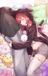 Rule 34 | 1girl, animal ears, animal hood, azur lane, black jacket, blush, breasts, camisole, cat ears, cat hood, cat tail, cleavage, commentary request, cowboy shot, crop top, eyebrows hidden by hair, grey shorts, hair between eyes, highres, holding, holding pillow, hood, hood up, hooded jacket, i-19 (azur lane), i-19 (pillowy paradise) (azur lane), jacket, large breasts, long hair, long sleeves, loungewear, lying, manjuu (azur lane), miimu (nelreg3), navel, hugging object, on side, open clothes, open jacket, open mouth, pillow, pillow hug, red hair, ribbon, shorts, sidelocks, sideways mouth, skindentation, sleeping, solo focus, sparkle, tail, tail ornament, tail ribbon, thighhighs, torpedo, white camisole, white thighhighs