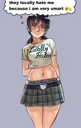 Rule 34 | 1girl, absurdres, arms behind back, black hair, blush, buck teeth, chainsaw man, crop top, glasses, grey background, hello kitty, highres, long hair, looking at viewer, low twintails, mitaka asa, navel, nerd emoji, ribosoma 42, sanrio, simple background, skirt, solo, teeth, thought bubble, twintails