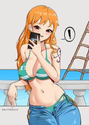 Rule 34 | !, 1girl, against railing, bikini, blue pants, blush, breasts, brown eyes, cellphone, collarbone, denim, earrings, elpipe 3000, green bikini, highres, holding, holding phone, jeans, jewelry, large breasts, long hair, looking at viewer, nami (one piece), navel, one piece, open fly, open mouth, orange hair, pants, phone, railing, selfie, shoulder tattoo, smartphone, solo, spoken exclamation mark, stomach, stud earrings, swimsuit, tattoo, wavy hair