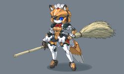 Rule 34 | 1girl, animal ears, blue eyes, broom, character request, fox ears, fox tail, hand on own hip, hip focus, joints, mecha musume, robot, robot joints, simple background, solo, standing, tail, yuuya (yu-ya&#039;s)