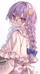 Rule 34 | 1girl, alternate hairstyle, braid, crescent, crescent hair ornament, dress, glasses, hair ornament, highres, long hair, long sleeves, open mouth, patchouli knowledge, purple dress, purple eyes, purple hair, round eyewear, signature, solo, touhou, twin braids, upper body, white background, yuineko