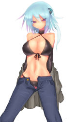 Rule 34 | 1girl, bare shoulders, bikini, bikini under clothes, black bikini, black gloves, blue hair, blush, breasts, choker, cleavage, denim, elbow gloves, eyes visible through hair, front-tie top, gloves, hair over eyes, highres, jeans, kyuusui gakari, large breasts, looking at viewer, navel, open clothes, original, pants, purple eyes, short hair, solo, swimsuit, swimsuit under clothes, unzipped