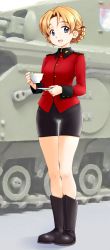 Rule 34 | 1girl, adapted costume, bike shorts, black bow, black footwear, black shorts, blue eyes, boots, bow, braid, churchill (tank), cup, emblem, epaulettes, girls und panzer, hair bow, highres, holding, holding cup, holding saucer, insignia, jacket, long sleeves, looking at viewer, military, military uniform, military vehicle, motor vehicle, open mouth, orange hair, orange pekoe (girls und panzer), parted bangs, red jacket, sasaki akira (ugc), saucer, short hair, shorts, skindentation, smile, solo, st. gloriana&#039;s (emblem), st. gloriana&#039;s military uniform, standing, tank, teacup, thigh gap, twin braids, uniform