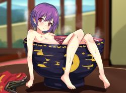 Rule 34 | 1girl, bad id, bad pixiv id, barefoot, blue sky, blurry, blurry background, blush, bowl, breasts, unworn clothes, day, feet, full body, hair between eyes, head tilt, in bowl, in container, japanese clothes, kimono, knees up, looking at viewer, mini person, minigirl, momendoufu, nipples, no headwear, nude, partially submerged, purple hair, red eyes, red kimono, shadow, short hair, sitting, sky, small breasts, solo, steam, sukuna shinmyoumaru, toes, touhou, water, wet
