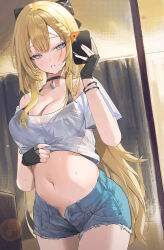 Rule 34 | 1girl, absurdres, bare shoulders, black choker, blonde hair, blue eyes, bra strap, braid, breasts, cellphone, choker, cleavage, commentary, cowboy shot, crop top, cutoffs, denim, denim shorts, highres, holding, holding phone, large breasts, long hair, looking at viewer, midriff, navel, off-shoulder shirt, off shoulder, open fly, original, parted lips, phone, rima (0136), shirt, short shorts, short sleeves, shorts, smartphone, solo, standing, stomach, symbol-only commentary, very long hair, white shirt