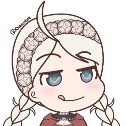 Rule 34 | 1girl, ahoge, blue eyes, braid, breasts, cleavage, fire emblem, fire emblem fates, hairband, licking lips, looking to the side, low twin braids, medium breasts, nina (fire emblem), nintendo, orbiculare, parted bangs, portrait, solo, tongue, tongue out, twin braids, white hairband