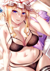 Rule 34 | 1girl, :d, blonde hair, blurry, breasts, cleavage, depth of field, from above, hat, highres, large breasts, light blush, long hair, looking at viewer, mirufui, mob cap, navel, on bed, open mouth, plump, purple eyes, sidelocks, sitting, smile, solo, tabard removed, touhou, underwear, yakumo yukari