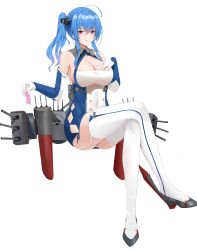 Rule 34 | 1girl, absurdres, ahoge, azur lane, bare shoulders, black footwear, blue hair, breasts, cleavage, condom, condom packet strip, condom wrapper, crossed legs, detached sleeves, dress, garter straps, gloves, halter dress, halterneck, hand on own chest, high heels, highres, kuyoumi, large breasts, licking lips, pink eyes, revealing clothes, rigging, side ponytail, sidelocks, sitting, st. louis (azur lane), thighhighs, tongue, tongue out, white background, white gloves, white thighhighs
