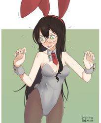 Rule 34 | 1girl, alternate costume, animal ears, black hair, blush, cowboy shot, dated, detached collar, fake animal ears, fang, flying sweatdrops, glasses, green background, green eyes, grey leotard, infini, kantai collection, leotard, long hair, necktie, ooyodo (kancolle), open mouth, pantyhose, playboy bunny, rabbit ears, rabbit tail, red necktie, semi-rimless eyewear, solo, strapless, strapless leotard, tail, twitter username, two-tone background, under-rim eyewear, white background, wrist cuffs