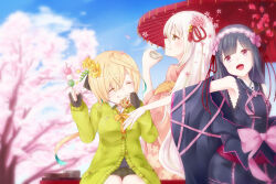 Rule 34 | 3girls, bare shoulders, black hair, blonde hair, bow, cardigan, cherry blossoms, chewing, cup, dango, detached sleeves, fingerless gloves, food, gloves, green cardigan, hair ornament, hairband, highres, holding, holding cup, holding food, inaba gou, japanese clothes, kamewaritou, long hair, low ponytail, multicolored hair, multiple girls, oil-paper umbrella, on bench, open mouth, pink bow, sailor collar, shi0n krbn, sitting, skirt, sleeveless, suishinshi masahide (tenka hyakken), tenka hyakken, umbrella, wagashi