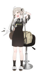 Rule 34 | 1girl, :d, @ @, absurdres, ahoge, apron, arm up, bag, black socks, blush, fang, full body, green eyes, grey hair, hair ornament, highres, holding, holding tray, long hair, looking to the side, open mouth, original, shoes, short sleeves, side ponytail, sidelocks, smile, socks, solo, standing, tonki, tray, twintails, waitress, white background, white footwear