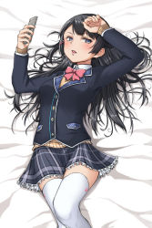 Rule 34 | 1girl, bed sheet, black hair, blazer, blue eyes, blush, bow, bowtie, braid, cellphone, commentary request, from above, highres, holding, holding phone, jacket, long hair, long sleeves, lying, nijisanji, on back, parted lips, phone, pleated skirt, school uniform, skirt, smartphone, solo, stock-world, sweater vest, thighhighs, tsukino mito, tsukino mito (1st costume), virtual youtuber, white thighhighs