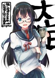 Rule 34 | 1girl, black hair, blue eyes, blue skirt, blush, breasts, can, character name, crossed bangs, glasses, hairband, hip vent, holding, kantai collection, long hair, long sleeves, n:go, necktie, one-hour drawing challenge, one eye closed, ooyodo (kancolle), open mouth, red necktie, sailor collar, school uniform, serafuku, skirt, solo, sparkle, twitter username, white background
