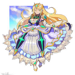 Rule 34 | 1girl, adapted costume, alternate costume, blonde hair, breasts, cleavage, cleavage cutout, clothing cutout, dress, gloves, highres, large breasts, long dress, long hair, mythra (xenoblade), oomasa teikoku, solo, swept bangs, very long hair, white dress, xenoblade chronicles (series), xenoblade chronicles 2, yellow eyes