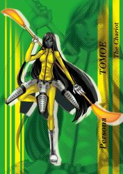 Rule 34 | absurdres, armor, atlus, black hair, boots, gloves, highres, long hair, persona, persona 4, staff, tomoe (persona 4), track suit, yellow eyes