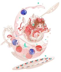 Rule 34 | 1girl, ahoge, apron, artist name, blueberry, bow, bow legwear, bowtie, braid, brown hair, chibi, chinese commentary, circle skirt, commentary request, cup, dress, floral print, food, frilled apron, frilled dress, frills, fruit, hair bow, hair ribbon, in container, in cup, jing (a shui chenmi xiaoshuo), lace-trimmed bow, lace trim, long hair, long sleeves, medium dress, mini person, minigirl, original, outstretched arms, pantyhose, plaid, plaid bow, plaid bowtie, puffy long sleeves, puffy sleeves, red bow, red bowtie, red dress, red footwear, red ribbon, red sleeves, ribbon, saucer, shoes, simple background, solo, spilling, strawberry, striped bow, striped clothes, teacup, teaspoon, twin braids, two-tone sleeves, waist apron, white apron, white background, white pantyhose, white sleeves