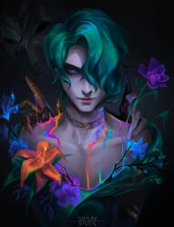 Rule 34 | 2boys, absurdres, artist name, closed mouth, collarbone, earrings, flower, gradient background, green hair, hair over one eye, hand on another&#039;s shoulder, highres, hwei (league of legends), jewelry, jhin, league of legends, looking at viewer, mask, multiple boys, orange flower, purple eyes, purple flower, shauniraven, simple background, solo focus, upper body