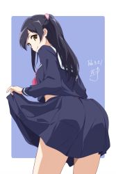 Rule 34 | 1girl, ass, bent over, black hair, blue shirt, blue skirt, closed mouth, clothes lift, dated, from behind, highres, long hair, long sleeves, looking at viewer, looking back, neckerchief, nii manabu, original, pleated skirt, ponytail, red neckerchief, sailor collar, school uniform, serafuku, shirt, signature, simple background, skirt, skirt lift, smile, solo, two-tone background, uniform, white sailor collar, yellow eyes