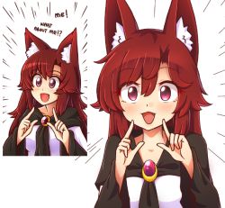 Rule 34 | 1girl, animal ear fluff, animal ears, blush, brooch, brown hair, chibi, dress, emphasis lines, english text, fang, gem, imaizumi kagerou, jewelry, layered clothes, layered sleeves, long hair, long sleeves, multicolored clothes, multicolored dress, open mouth, purple eyes, purple gemstone, red dress, revision, short over long sleeves, short sleeves, smile, solid circle eyes, solo, touhou, upper body, very long hair, white dress, wolf ears, wool (miwol)