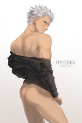 Rule 34 | 1boy, archer (fate), ass, back, bare shoulders, black shirt, bottomless, commentary request, cowboy shot, dark-skinned male, dark skin, fate/stay night, fate (series), from side, highres, long sleeves, looking at viewer, looking back, male focus, mondi hl, off shoulder, shirt, short hair, simple background, solo, standing, toned, toned male, twitter username