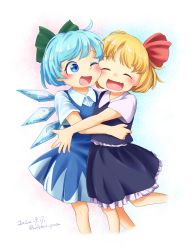 Rule 34 | 2girls, ;d, black skirt, black vest, blonde hair, blue background, blue dress, blue hair, blush, calcmis gowa, cheek-to-cheek, cirno, closed eyes, commentary request, cropped legs, dated, dress, facing viewer, fang, feet out of frame, gradient background, hair ribbon, hand on another&#039;s waist, heads together, highres, hug, leg lift, looking at another, multiple girls, one eye closed, open mouth, pinafore dress, pink background, puffy short sleeves, puffy sleeves, ribbon, rumia, shirt, short hair, short sleeves, skin fang, skirt, sleeveless dress, smile, standing, touhou, twitter username, two-tone background, vest, white shirt
