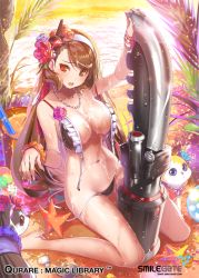 Rule 34 | 1girl, animal, arm support, bare legs, barefoot, beach, bikini, black bikini, bracelet, breasts, brown eyes, brown hair, cleavage, female focus, flower, frilled bikini, frills, front-tie top, hair flower, hair ornament, heterochromia, huge weapon, jewelry, large breasts, lens flare, long hair, long legs, navel, necklace, open bikini, open clothes, outdoors, popqn, qurare magic library, red eyes, side-tie bikini bottom, side ponytail, sitting, smile, solo, swept bangs, swimsuit, untied bikini, very long hair, wariza, weapon