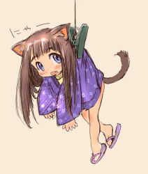 1girl animal_ears blue_eyes blush brown_hair cat_ears cat_tail full_body guma long_hair original sandals solo tail