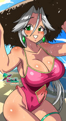 Rule 34 | 1girl, ass, bare arms, bare legs, beach, blush, breasts, brown hat, cleavage, covered navel, earrings, eyelashes, frilled swimsuit, frills, green eyes, green hat, hair between eyes, hair intakes, hat, highres, jewelry, large breasts, lips, long hair, looking at viewer, one-piece swimsuit, pink one-piece swimsuit, sasa tseng, shadow, sidelocks, smile, straw hat, sweat, swept bangs, swimsuit, thigh strap, thighs, tide, water