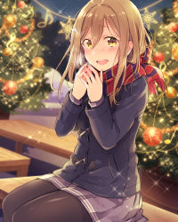 Rule 34 | 10s, 1girl, :d, beamed quavers, bench, black pantyhose, blush, breath, brown eyes, brown hair, christmas, christmas garland, christmas lights, christmas ornaments, christmas tree, coat, commentary request, hair between eyes, hair ornament, hairpin, highres, kunikida hanamaru, long hair, long sleeves, love live!, love live! sunshine!!, matching hair/eyes, musical note, open mouth, own hands together, pantyhose, quaver, sakou mochi, scarf, sitting, skirt, smile, solo, sparkle, striped clothes, striped scarf, treble clef, winter clothes