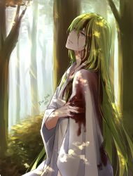 Rule 34 | androgynous, artist name, blood, closed mouth, crying, crying with eyes open, dated, day, enkidu (fate), fate/strange fake, fate (series), forest, from side, gender request, green hair, hair between eyes, injury, long hair, nature, orii (orii i), outdoors, parted lips, signature, solo, tears, very long hair
