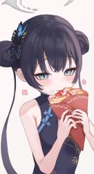 Rule 34 | 1girl, absurdres, armpit crease, black dress, black hair, blue archive, blush, butterfly hair ornament, china dress, chinese clothes, crepe, double bun, dress, eating, food, food on face, hair bun, hair ornament, halo, highres, kisaki (blue archive), looking at viewer, nekoplanetouo, simple background, sleeveless, sleeveless dress, solo, twintails, upper body, white background