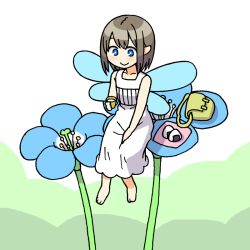 Rule 34 | 1girl, :&gt;, barefoot, blue eyes, blue flower, collarbone, cup, dress, fairy, fairy wings, flower, food, from above, from below, green background, green bag, hand on own thigh, holding, holding cup, light brown hair, maruput, mini person, minigirl, onigiri, original, pointy ears, short hair, sitting, sleeveless, sleeveless dress, smile, solo, two-tone background, white background, white dress, wings