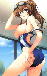 Rule 34 | 1girl, absurdres, adjusting clothes, adjusting swimsuit, ass, blue eyes, blush, breasts, brown hair, clothes pull, competition swimsuit, goggles, goggles on head, highres, large breasts, nipples, one-piece swimsuit, one-piece swimsuit pull, ponytail, school swimsuit, solo, swimsuit, tomose shunsaku, wardrobe malfunction