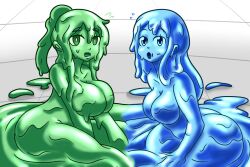Rule 34 | 2girls, ass, blue eyes, blue hair, blue skin, borrowed character, breasts, collarbone, colored sclera, colored skin, doodledowd, eyebrows, eyebrows visble through hair, green eyes, green hair, green skin, highres, large breasts, medium breasts, melting, monster girl, multiple girls, no nipples, nude, on floor, open mouth, original, puddle, sitting, slime girl, surprised